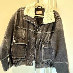 Free People We The Free Ariel Denim Bomber‎ Jacket Faded Black Sherpa